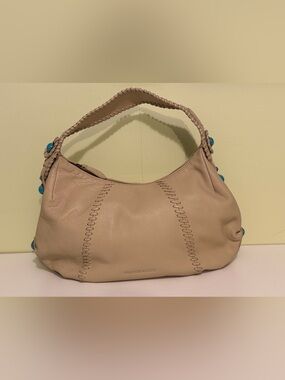 Franco Sarto Leather Hobo Shoulder Bag Beige Faux Turquoise Bead Accents REFURB